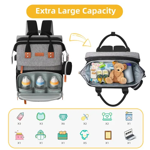 Miniatura 2 de ISMGN Mochila para pañales con estación de cambio, bolsa de pañales multifuncional, capacidad extra grande, bolsa de bebé, gris negro Negro puro