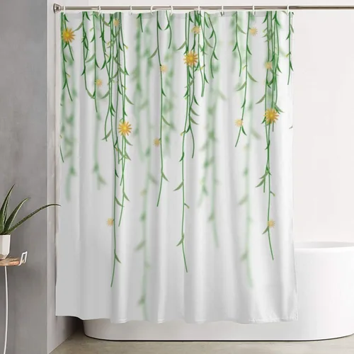 Cortina de ducha de hojas de acuarela, hojas verdes con flores amarillas, cortina de baño de color blanco, cortina de decoración de tela, 60 x 71