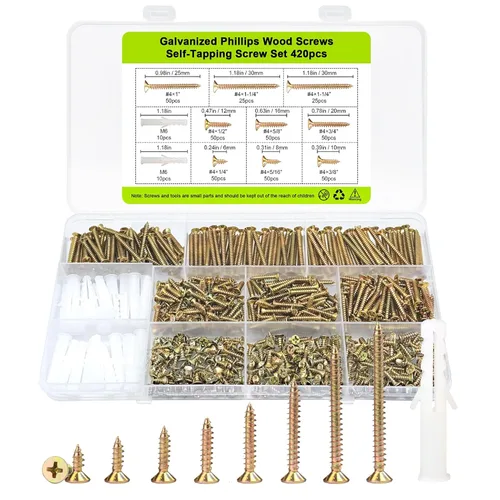 #4 Kit surtido de tornillos de madera pequeños de cabeza plana, 420 piezas, tornillo corto Phillips, chapado en zinc amarillo, montaje de bisagra de