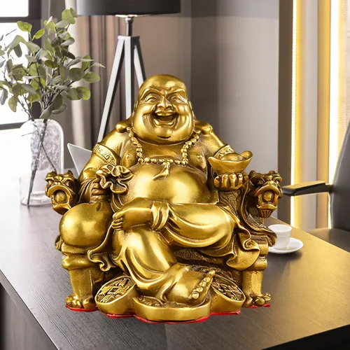 Miniatura 6 de Brass Statu BRABUD Feng Shui - Estatua de Buda sonriente hecha a mano sentado en la silla del emperador, escultura para el hogar