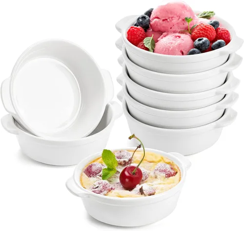 Foraineam Paquete de 8 platos de soufflé de porcelana de 10 onzas con doble asa, juego de utensilios para hornear para pudín, crema brulee, soufflé