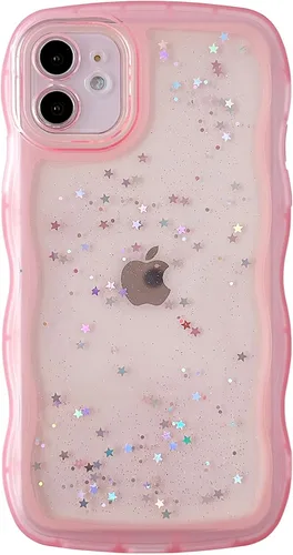 Miniatura 91 de Qokey Funda para iPhone 12 Pro Max de 6.7 pulgadas, diseño de onda rizada, borde transparente, brillante con purpurina, estrella brillante, bonita