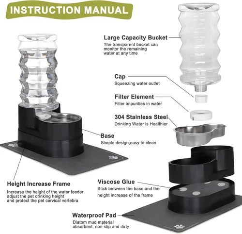 Miniatura 3 de RIZZARI Dispensador de agua grande para perros: 8L de gravedad elevada en negro, dispensador automático de acero inoxidable con cepillo Perla