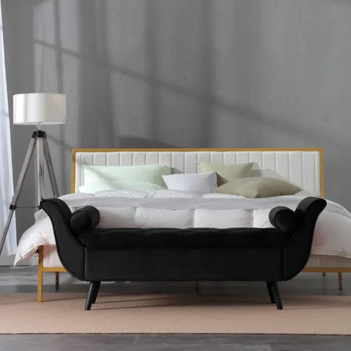 Miniatura 7 de Banco de almacenamiento de terciopelo para dormitorio, extremo de la cama con 2 almohadas, banco otomano tapizado con botones copetudos, reposapiés