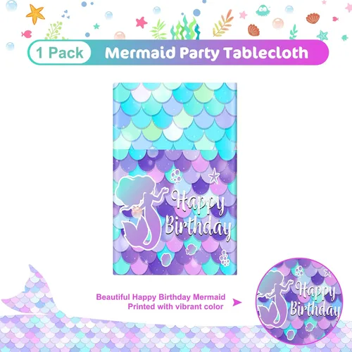 Miniatura 4 de 1 mantel de sirena – Mantel de sirena de feliz cumpleaños, mantel rectangular de plástico desechable con diseño de sirenas para decoración