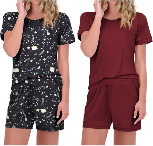 Ekouaer Paquete de 2 conjuntos de pijama para mujer, camisetas de manga corta con pantalones cortos, cómodos pijamas casuales con bolsillos