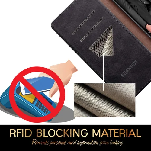 Miniatura 3 de SUANPOT Funda tipo cartera de cuero para Samsung Galaxy A52 4G y 5G con tarjetero de crédito RFID Flip Folio Book Phone Case Funda a prueba de Negro