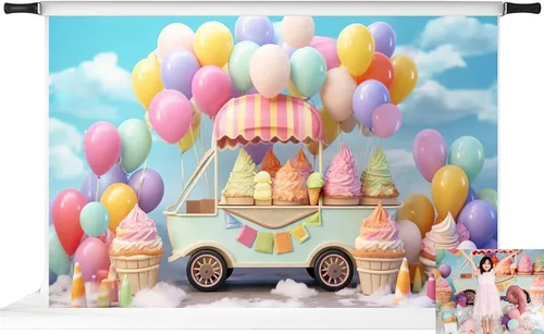 Miniatura 9 de Kate Telón de fondo de globo de helado para automóvil, decoración de fiesta de cumpleaños para niños, fondo de fotografía de 6.5 x 6.5 pies