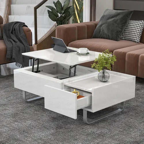 Miniatura 20 de Mesa de centro moderna con vidrio templado, mesa de cóctel de madera con superficie UV de alto brillo, mesa central rectangular modernista de 2 Negro