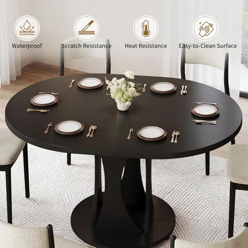 Miniatura 5 de iPormis Mesa de comedor extensible de 43 a 59 pulgadas, mesa de cocina redonda con pedestal de arcos modernos, mesa de comedor ovalada con hojas