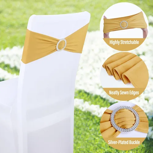Miniatura 6 de LEBENGURU Bandas para silla de elastano doradas, 30 lazos elásticos de alta calidad con deslizadores para decoración de banquete de boda, fiesta