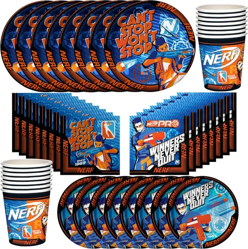 Treasures Gifted Suministros para fiestas Nerf con licencia oficial – Sirve a 16 invitados – Juego clásico de vajilla – Decoraciones de fiesta de