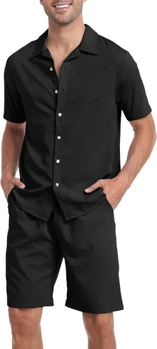 Miniatura 3 de MoFiz Conjunto de pantalones cortos para hombre, camisas con botones, pantalones cortos, casual, playa, 2 picece, conjunto de verano, más ligero