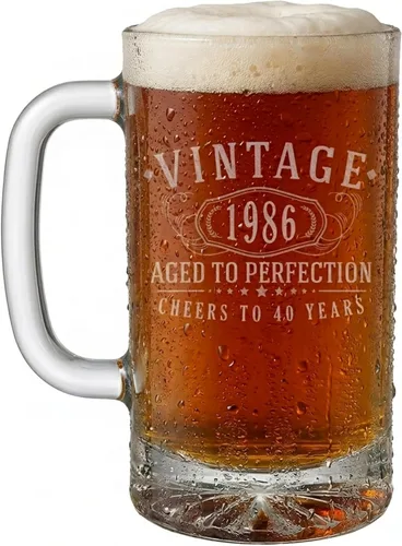 Taza de cerveza de vidrio grabada de 16 onzas vintage de 1986 – Regalos de feliz cumpleaños 40 para hombres y mujeres, decoración de decoración para