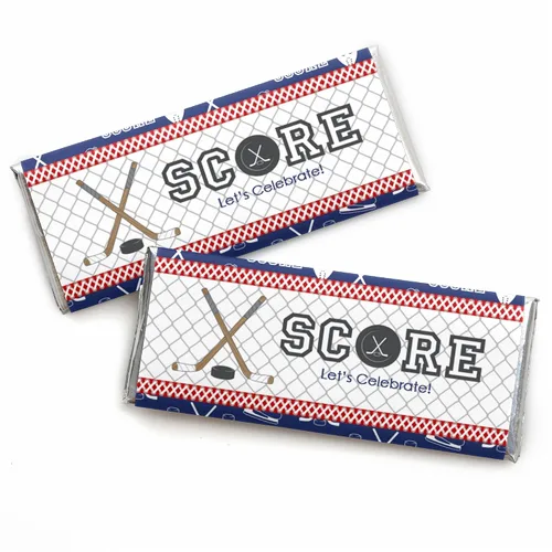 Big Dot of Happiness Shoots and Scores - Hockey - Envolturas de barra de caramelo, baby shower o fiesta de cumpleaños - Juego de 24