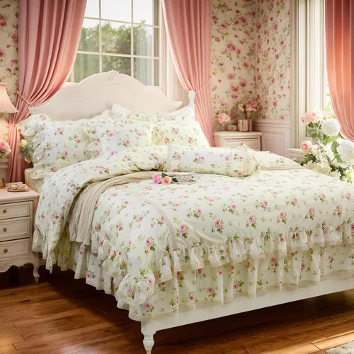Miniatura 23 de FADFAY Juego de funda de edredón con estampado floral de roseta, juego de ropa de cama de encaje con volantes para niñas, 3 piezas, tamaño individual