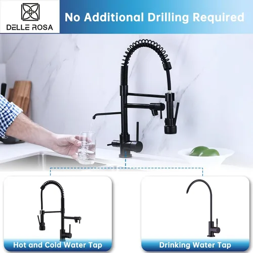 Miniatura 4 de Delle Rosa Grifo de cocina, grifo de agua potable de 3 vías, grifos purificadores de agua 3 en 1, arco alto y asas duales, grifos de fregadero