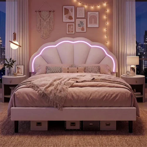 HIFIT Marco de cama LED inteligente tapizado completo con cabecera ajustable de pétalos elegantes, marcos de cama de plataforma de tamaño completo