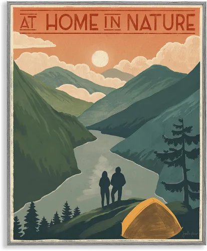 Stupell Industries at Home in Nature Phrase - Tienda de campaña con frase en las montañas, diseñada por Janelle Penner, arte de pared enmarcado