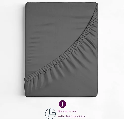 Miniatura 6 de XOOX Linen Sábana bajera de 500 hilos tamaño individual – Sábana bajera de 500 hilos suave de tejido satén de 100 % algodón color gris oscuro