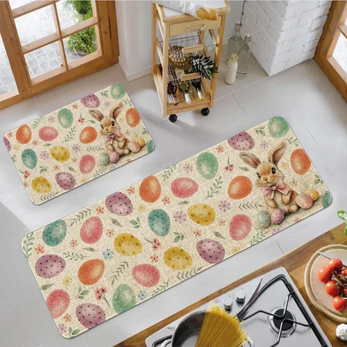 Miniatura 4 de Juego de 2 alfombras de cocina de Pascua, decoración de cocina de Pascua, huevos coloridos para piso, tapete de 17 x 30 pulgadas + alfombra