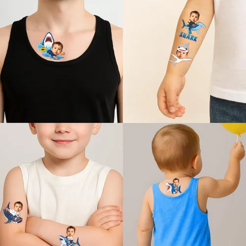 Miniatura 7 de Tatuajes temporales de tiburón personalizados para niños, tatuajes de fotos faciales precortados personalizados, divertidos recuerdos de fiesta