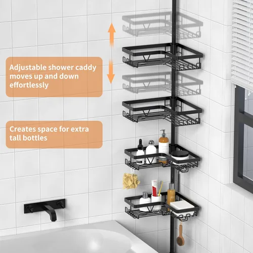 Miniatura 4 de KEGII Estante de Ducha Negro con Barra de Tensión y 2 Barras para Toallas, Organizador de Esquina Ajustable para Baño, Estantes de Almacenamiento