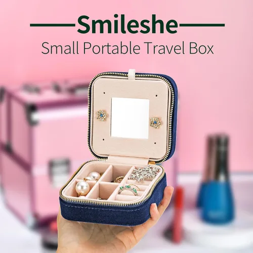 Miniatura 5 de Joyero de terciopelo de viaje con espejo, mini estuche de regalo para mujeres y niñas, pequeñas cajas organizadoras portátiles para anillos, aretes