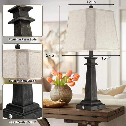 Miniatura 3 de Juego de 2 lámparas de mesa de 27.5", lámparas táctiles regulables de 3 vías para mesita de noche, lámpara de mesa estilo granja para sala de estar