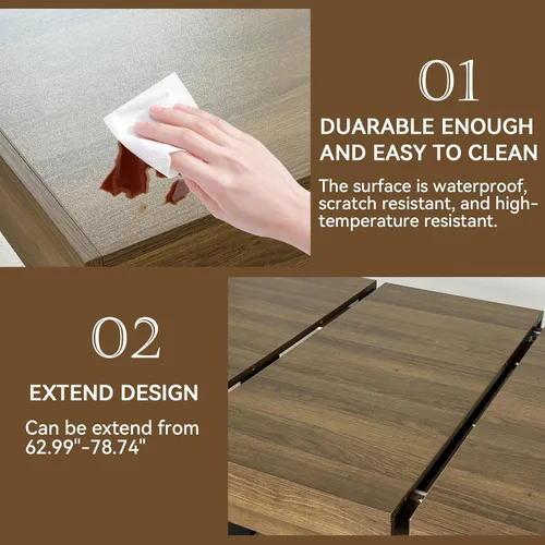 Miniatura 6 de Juego de mesa de comedor extensible marrón de 7 piezas para 6, 63 a 78.74 pulgadas, moderno juego de mesa de cocina y comedor, mesa de comedor Mesa