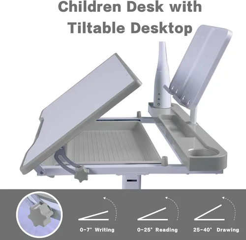 Miniatura 6 de Juego de escritorio y silla de arte para niños, mesa de dibujo de altura ajustable con inclinación de 40 grados, luz LED, soporte para libros