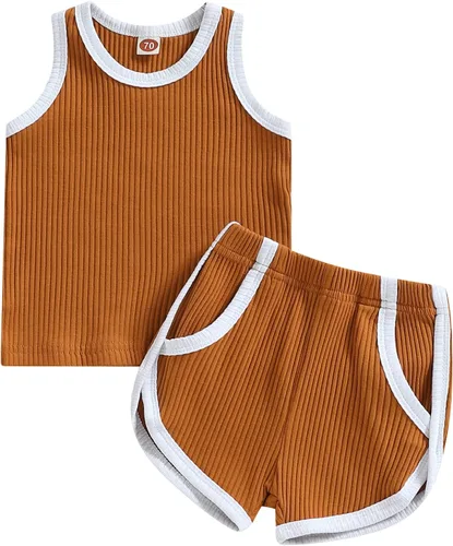 Hoanselay Conjunto de pantalones cortos de verano para bebé, niña, niño, camiseta sin mangas y pantalones cortos casuales, conjunto de 2 piezas