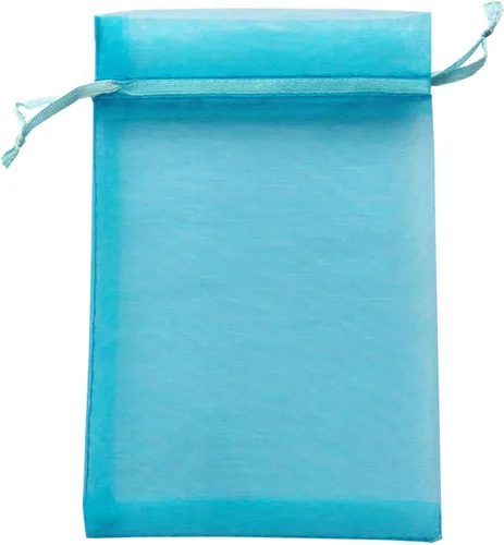 Paquete de 100 bolsas de regalo de 4 x 6 pulgadas, color azul aguamarina, tela transparente de organza, bolsas de malla transparente con cordón para