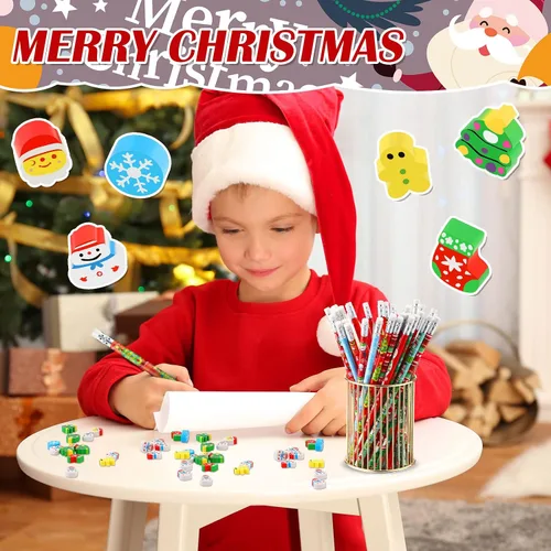 Miniatura 3 de Crtiin 72 lápices de Navidad y mini borradores a granel, lindo y divertido lápiz y borradores, hombre de jengibre, Papá Noel, muñeco de nieve