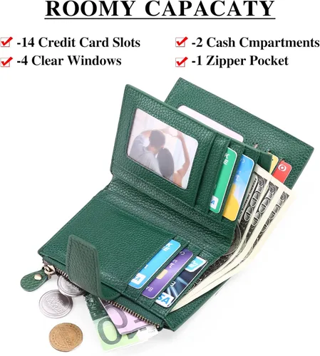 Miniatura 2 de FALAN MULE Cartera pequeña para mujer, de piel auténtica, plegable, compacta, con bloqueo RFID, pequeña cartera para mujer, Manzana Verde