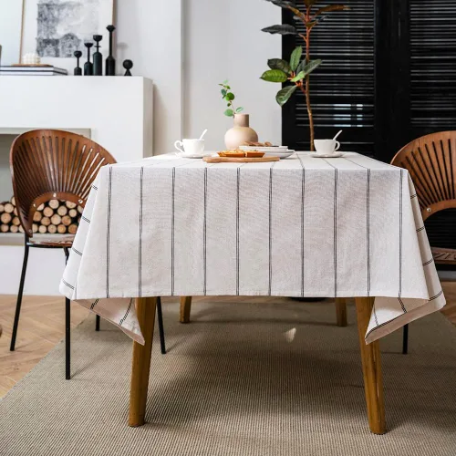 Miniatura 6 de ArtBud Manteles de Lino de Algodón Boho Estilo Granja Tela Pesada Cubierta de Mesa Arpillera a Rayas Lavable Superficie de Mesa para Fiestas Café