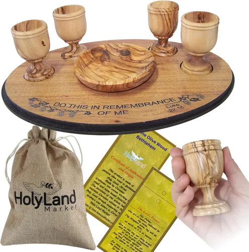 Miniatura 16 de Holy Land Market Juego de tazas y platos de comunión de madera de olivo, juego de comunión tallado a mano en Belén, para adoración de la iglesia