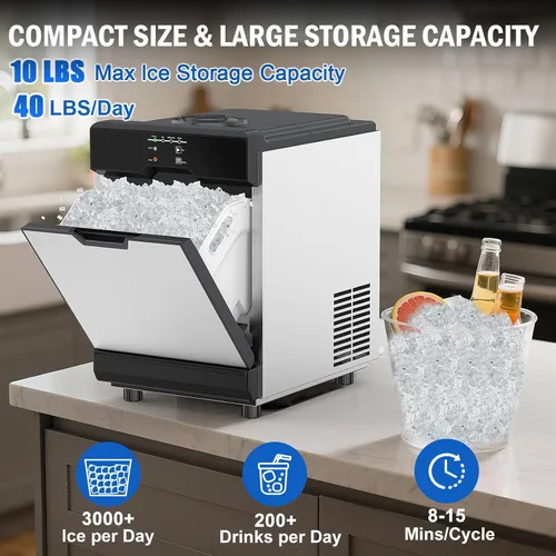 Miniatura 2 de Máquina de hielo Nugget para encimera 40 libras/día, contenedor de hielo de 10 libras, máquina de hielo de pellets suaves masticables de acero