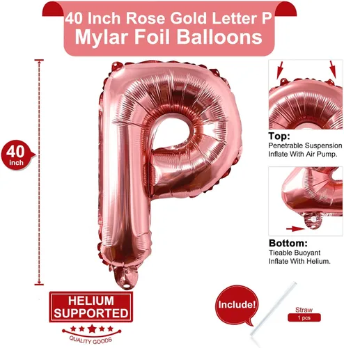Miniatura 2 de Lovoir Globos grandes de 40 pulgadas de oro rosa con la letra P de gran tamaño, globo de helio de aluminio de Mylar para decoración de fiesta