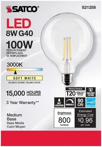 Miniatura 4 de Satco Paquete de 6 bombillas LED de filamento de globo G40 de 8 W, 3000 K, blanco suave, E26, base media, regulable, equivalente a 100 W, ubicación