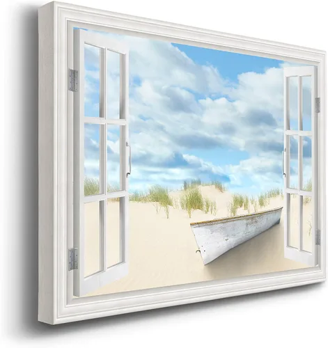 Miniatura 2 de Renditions Gallery Lienzo decorativo para pared, vista de barco viejo atracado en la playa de arena blanca, obra de arte para colgar en la pared