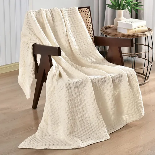 Miniatura 9 de PHF - Manta tejida de punto gofre 100% algodón, suave, ligera, transpirable, acogedora, de verano, para sofá y cama, tejida, estética, decoración