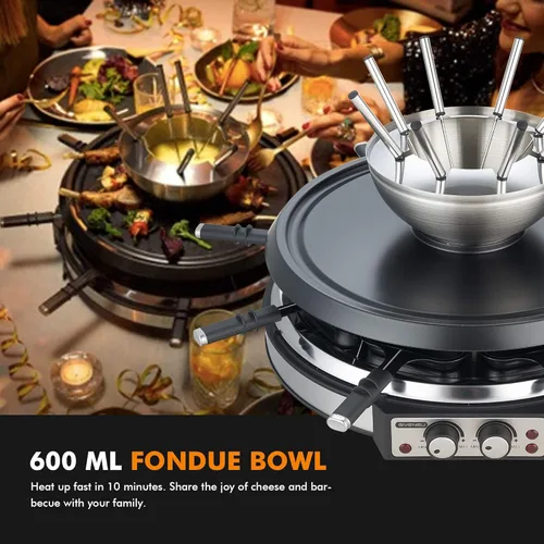 Miniatura 2 de GIVENEU Juego de olla de fondue eléctrica con parrilla para barbacoa, olla de fondue de 600ml con 8 tenedores y raclette eléctrica, termostatos