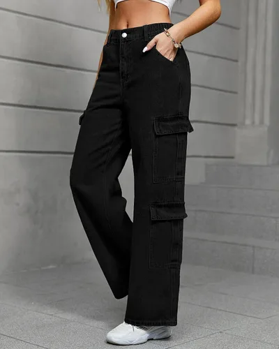 Miniatura 4 de Pantalones cargo para mujer, elásticos, de cintura alta, holgados, con bolsillo con solapa, rectos, casuales, Y2K.