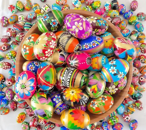 Miniatura 7 de Huevos de madera pintados a mano de Pascua polacos (Pisanki) Huevos decorativos para Pascua, juego de 6 huevos medianos