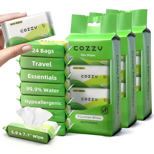 Miniatura 10 de COZZY Mini toallitas de viaje ultracompactas, suaves y agradables al tacto, sin perfume, sin alcohol, sin parabenos, ideales para adultos, niños