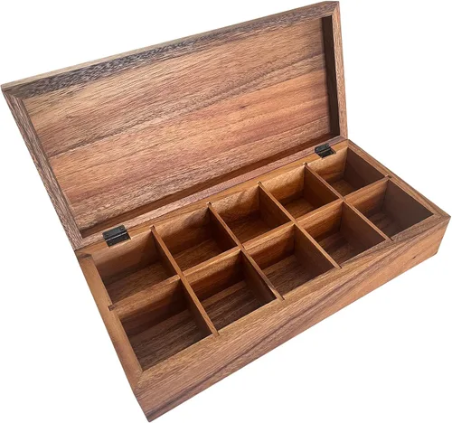 Miniatura 2 de Ironwood Gourmet Caja de té de madera de acacia, rectangular XL, con 10 compartimentos