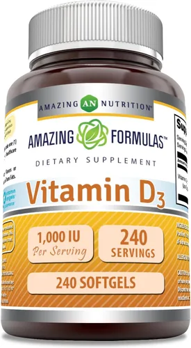 Amazing Formulas Suplemento de vitamina D3 | 1000 UI | 240 cápsulas blandas | Sin OMG | Sin gluten | Fabricado en Estados Unidos