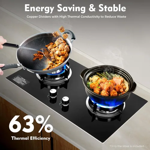 Miniatura 4 de Estufa de Gas de 28 Pulgadas, Estufa de Gas de 2 Quemadores con Superficie de Vidrio Templado Empotrada de Gas Natural para Cocina del Hogar