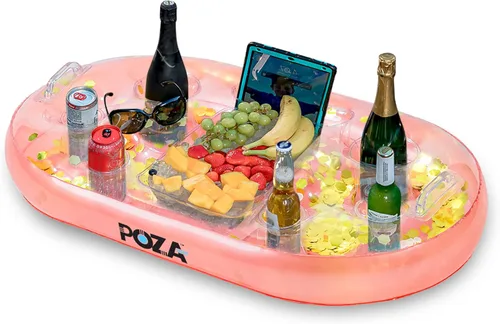 POZA Hielera flotante inflable dorada – Lujoso soporte para bebidas relleno de confeti brillante, flotador de fiesta premium con 8 soportes, barra